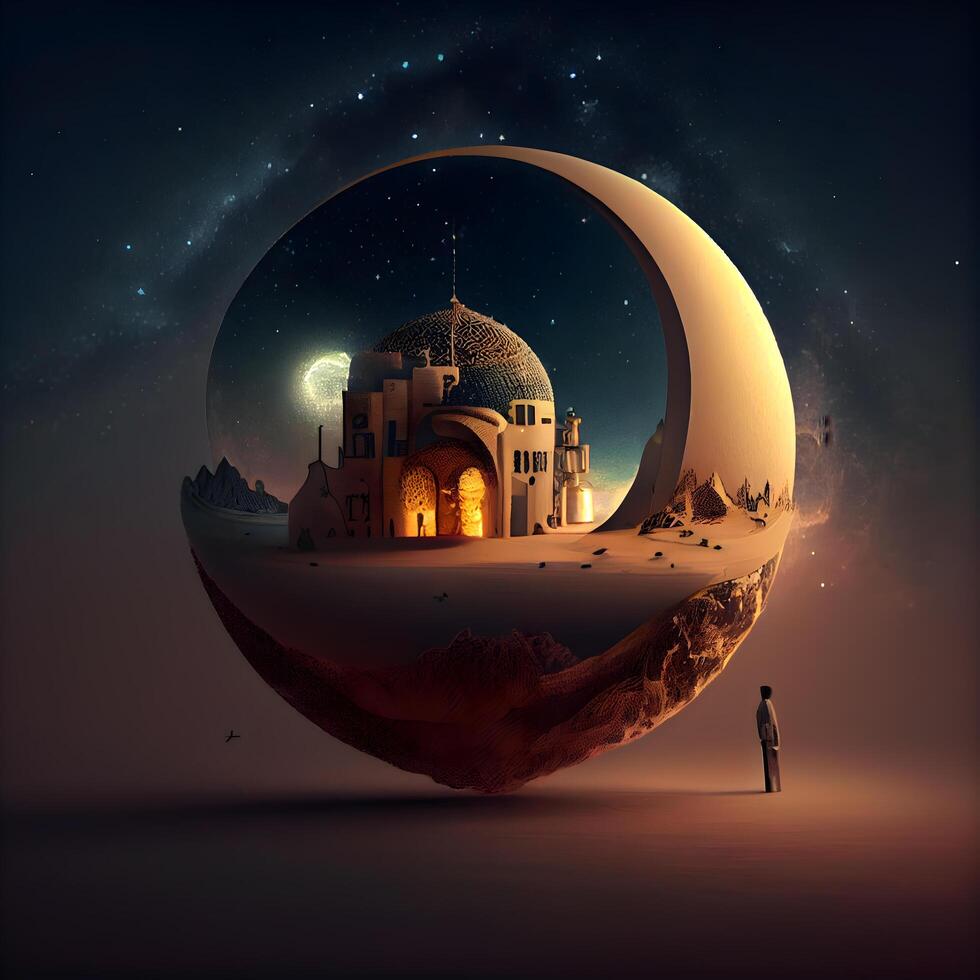 Mosque in the middle of the night with moon. illustration, Image photo