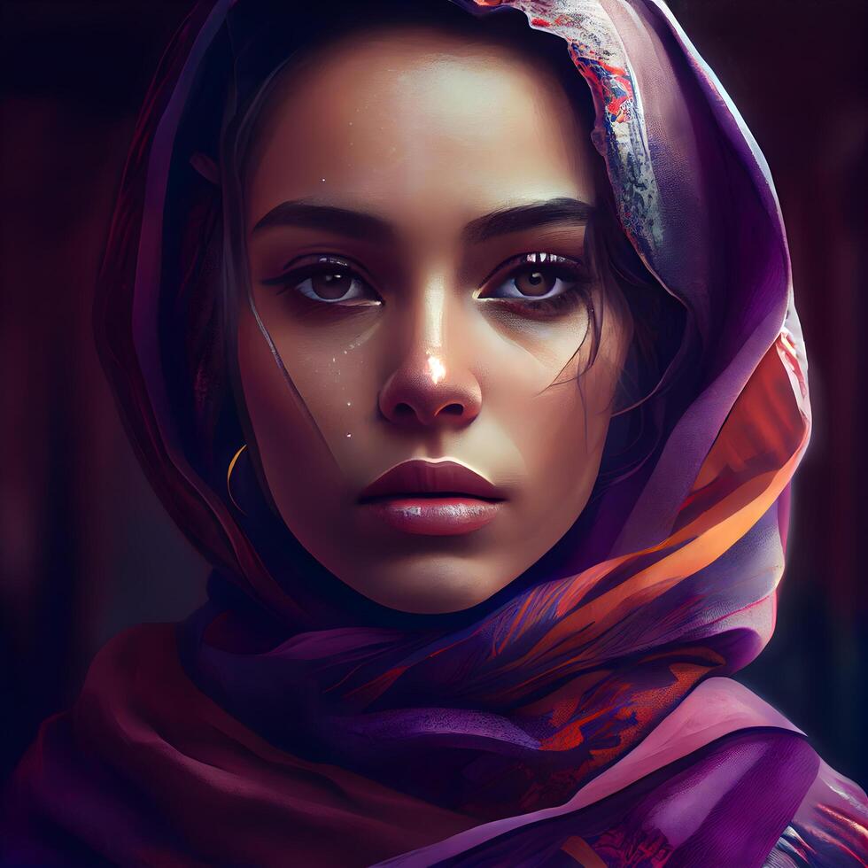 Portrait of a beautiful young woman in a headscarf., Image photo