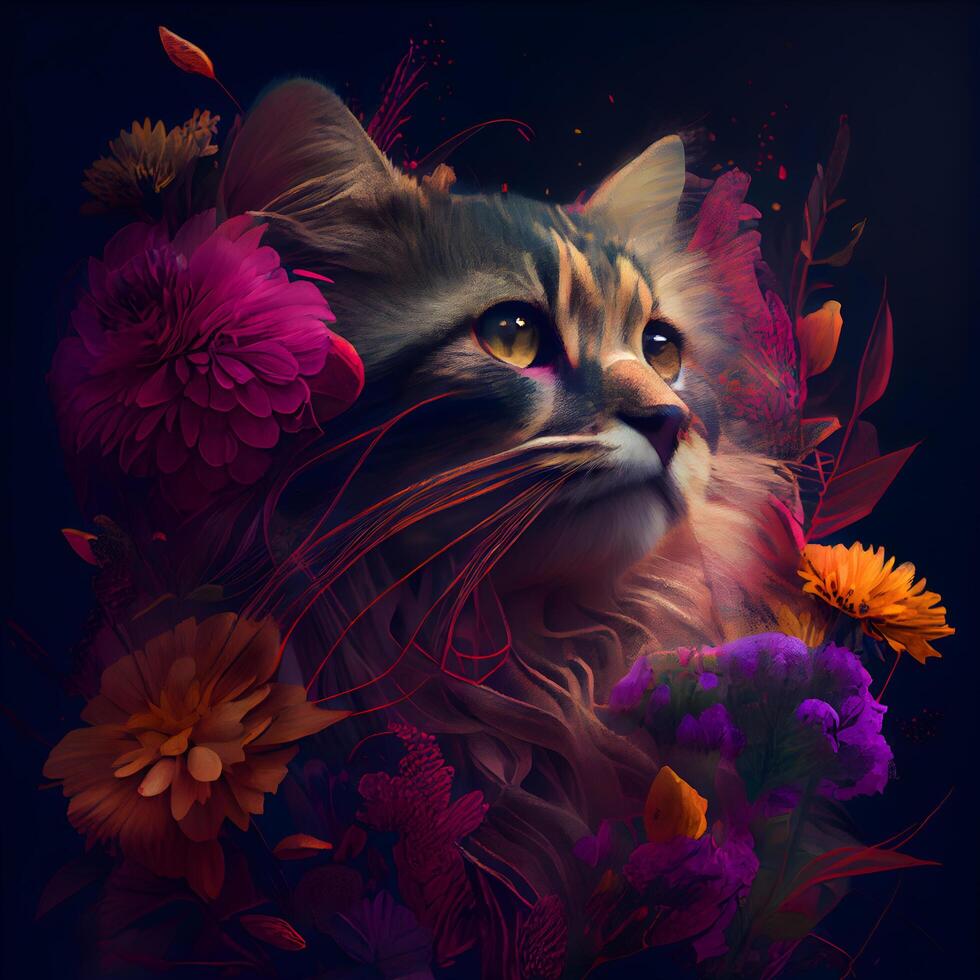 Beautiful cat with flowers on a dark background. Digital painting ...