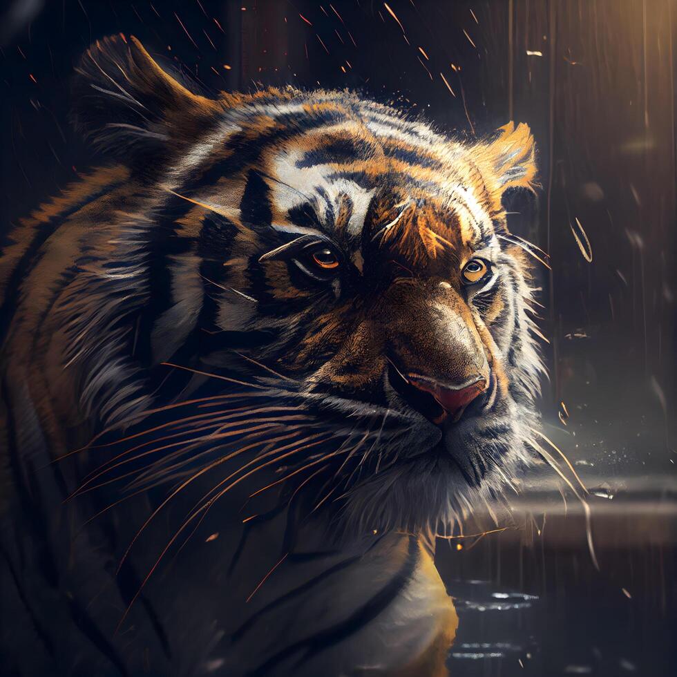 Portrait of a tiger in the rain on a dark background., Image photo