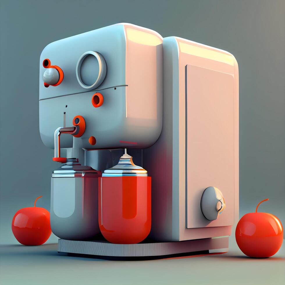 Coffee machine and red apples on grey background. 3d render, Image photo