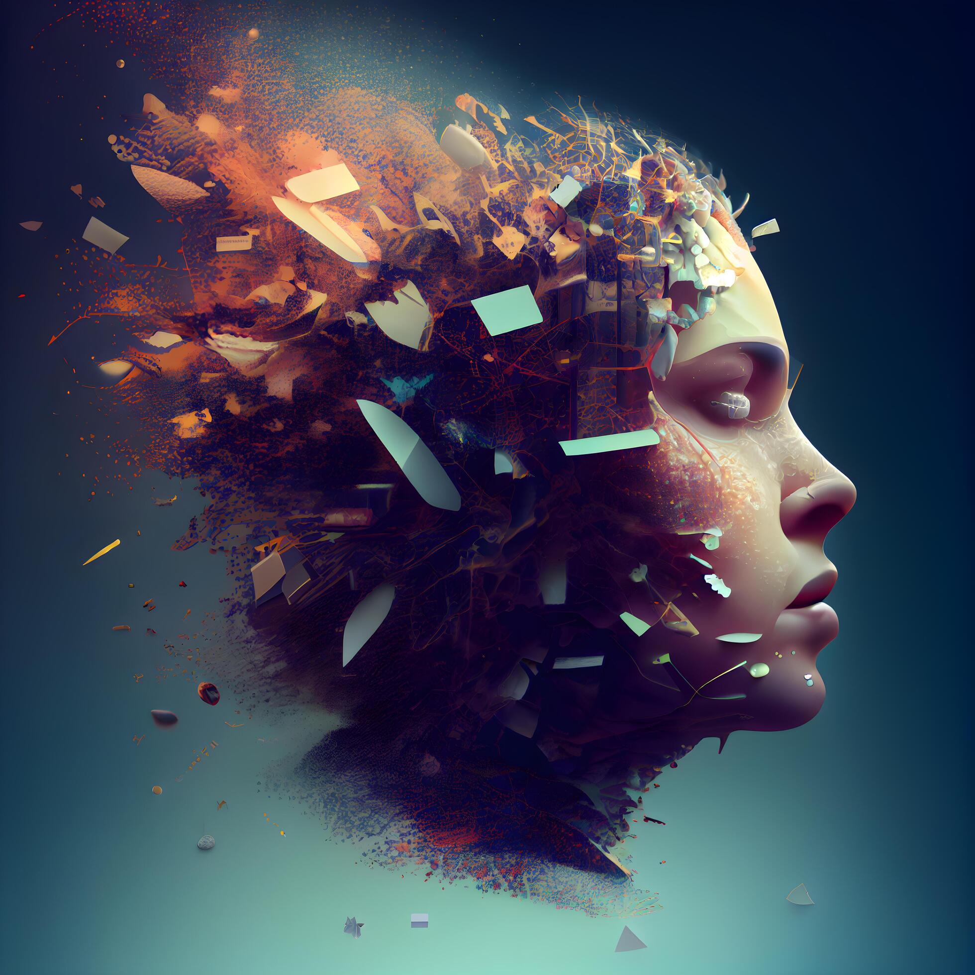 3d rendering of a female head with exploding brain on a dark background