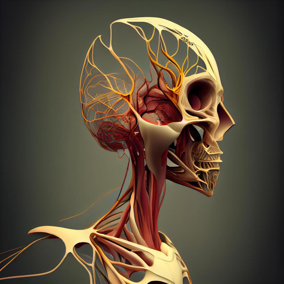 Human skeleton anatomy with nervous system, 3D illustration, medical concept, Image photo