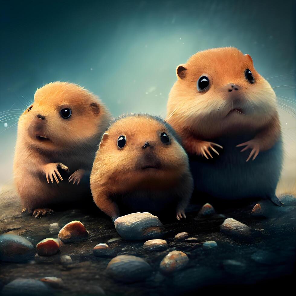 Three hamsters sitting on a rock in the rain. 3d rendering, Image photo