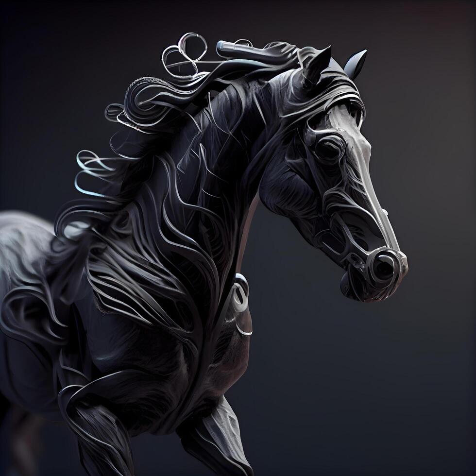 Black horse with black mane on a black background. 3d rendering, Image photo