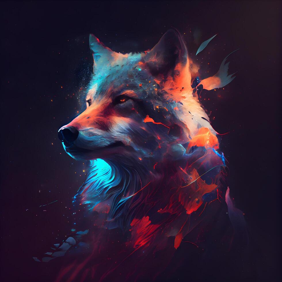Sketch of a fox with red and blue paint splashes, Image photo