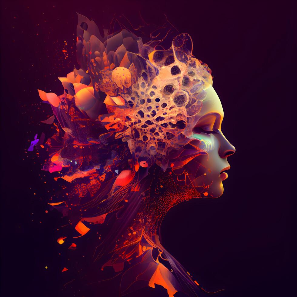 Beautiful woman face with abstract colorful hair design. illustration., Image photo