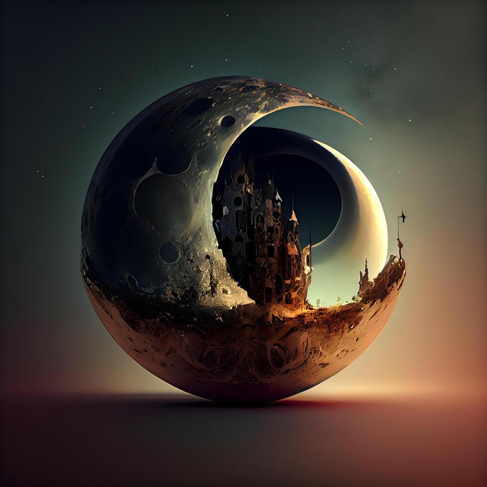 Fantasy castle on the moon. 3D illustration. Elements for design., Image photo