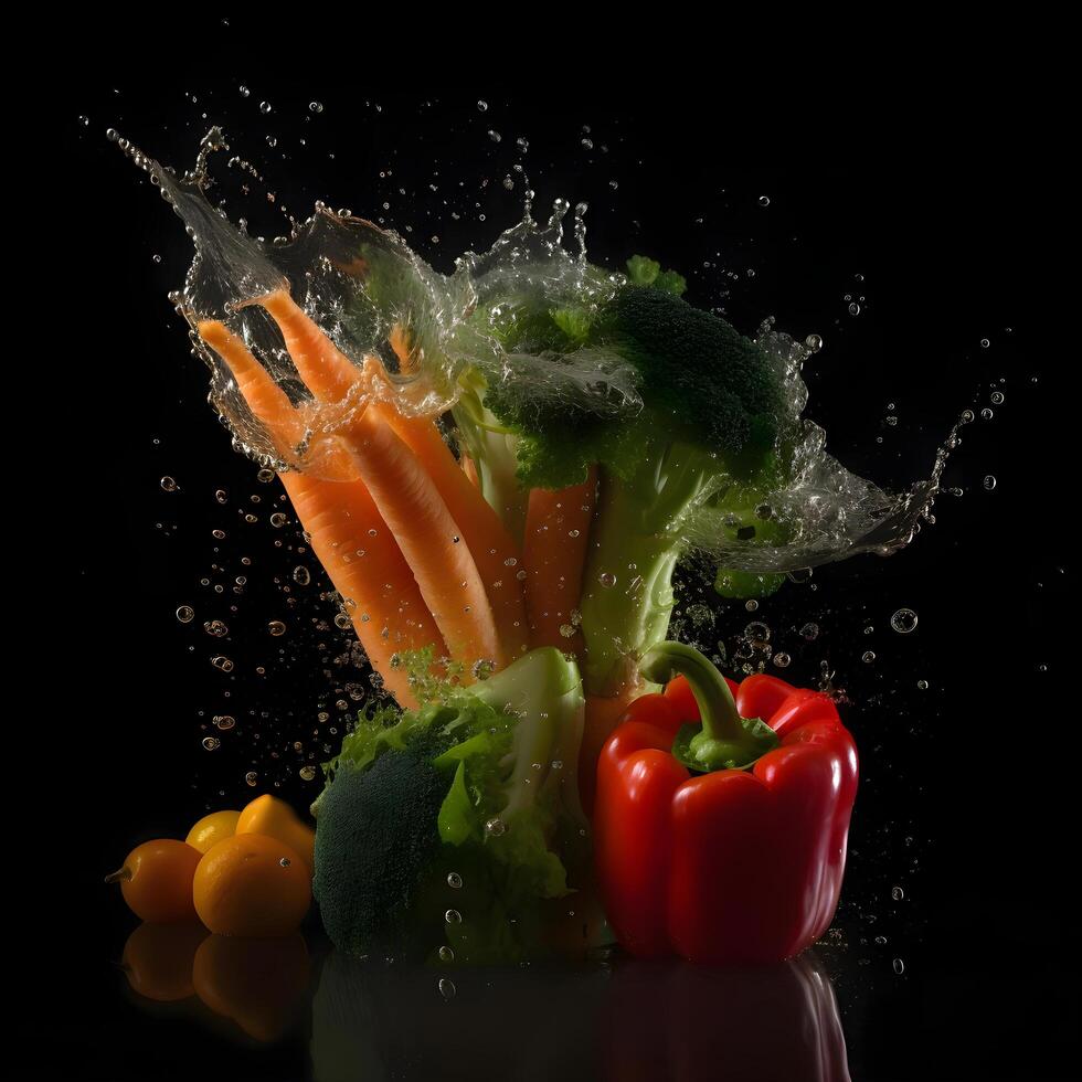 chapoteo de agua y vegetales en un negro antecedentes. estudio disparo, ai generativo imagen foto