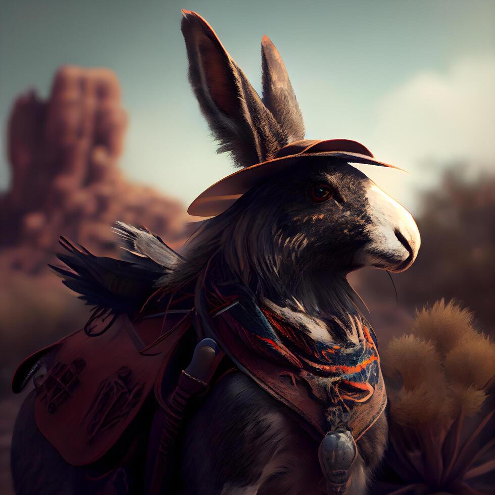 Donkey with cowboy hat in the desert. 3d illustration., Image photo