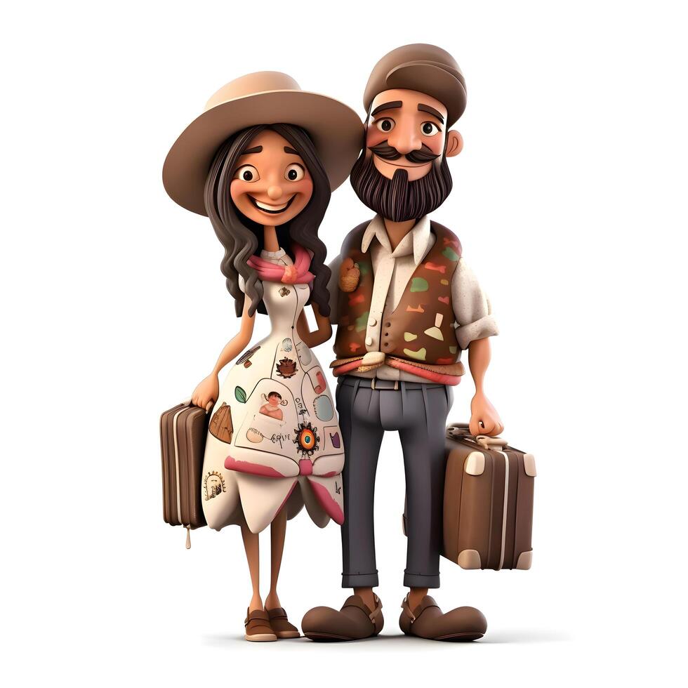 3D illustration of a young man and woman with a suitcase., Image photo
