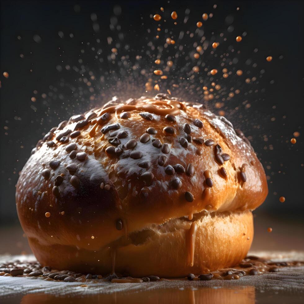 Panettone, tradicional italiano Pascua de Resurrección pastel con Pasas y nueces en de madera mesa, ai generativo imagen foto