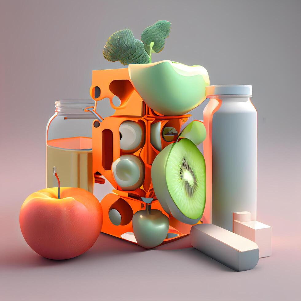 Fruta jugo en un botella y un manzana, 3d prestar, ai generativo imagen foto