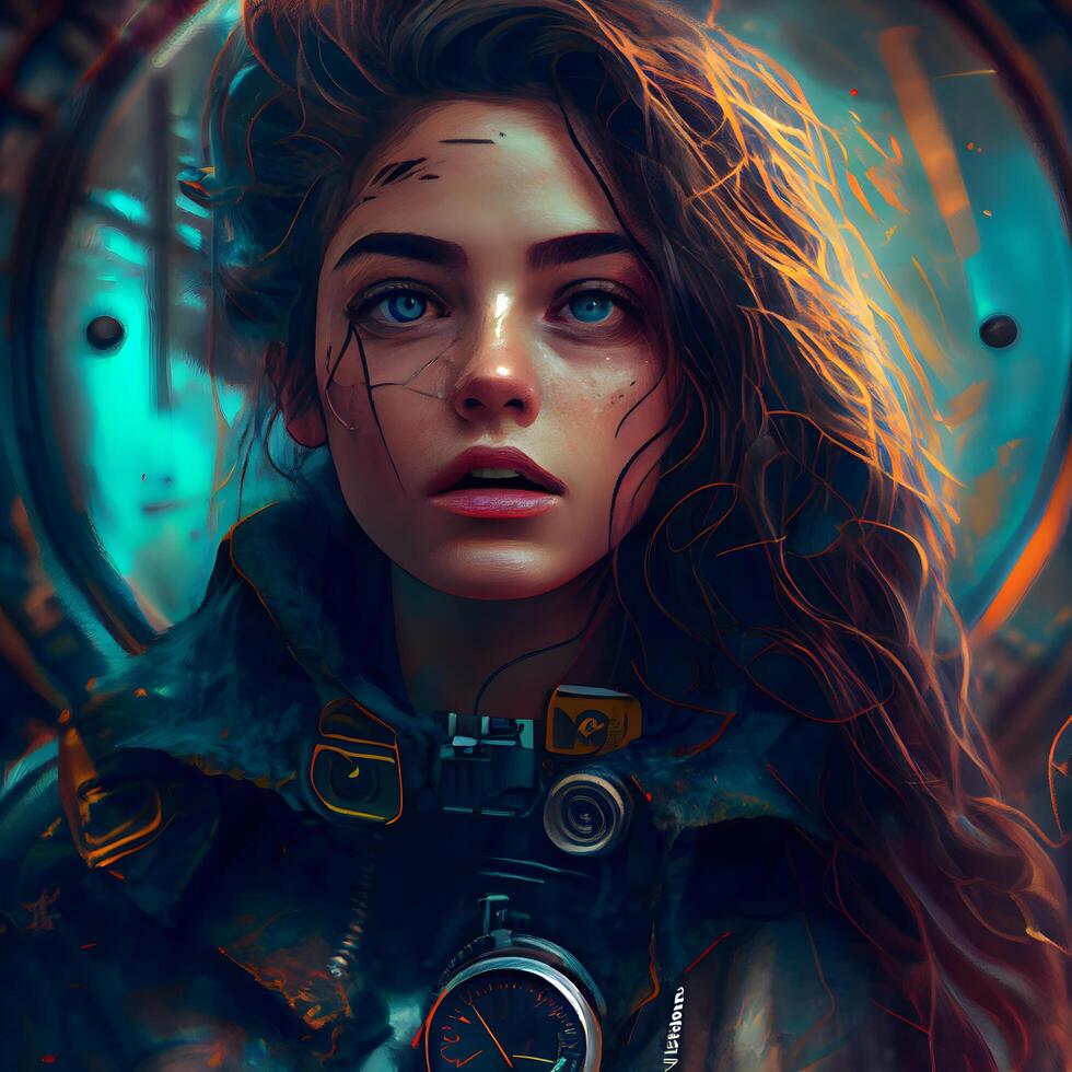 cerca arriba retrato de un hermosa Steampunk muchacha. fantasía, Ciencias ficción., ai generativo imagen foto