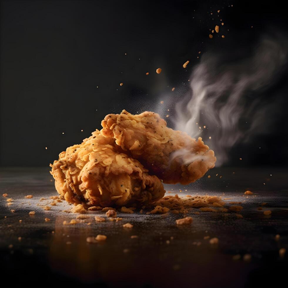 Fried chicken with smoke on a black background. Toned., Image photo