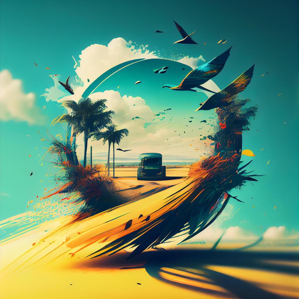 Car in the road with flying birds and palm trees. illustration., Image photo