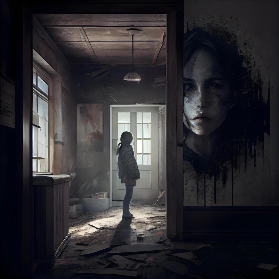 Zombie girl in abandoned room. Halloween concept. 3D Rendering, Image photo