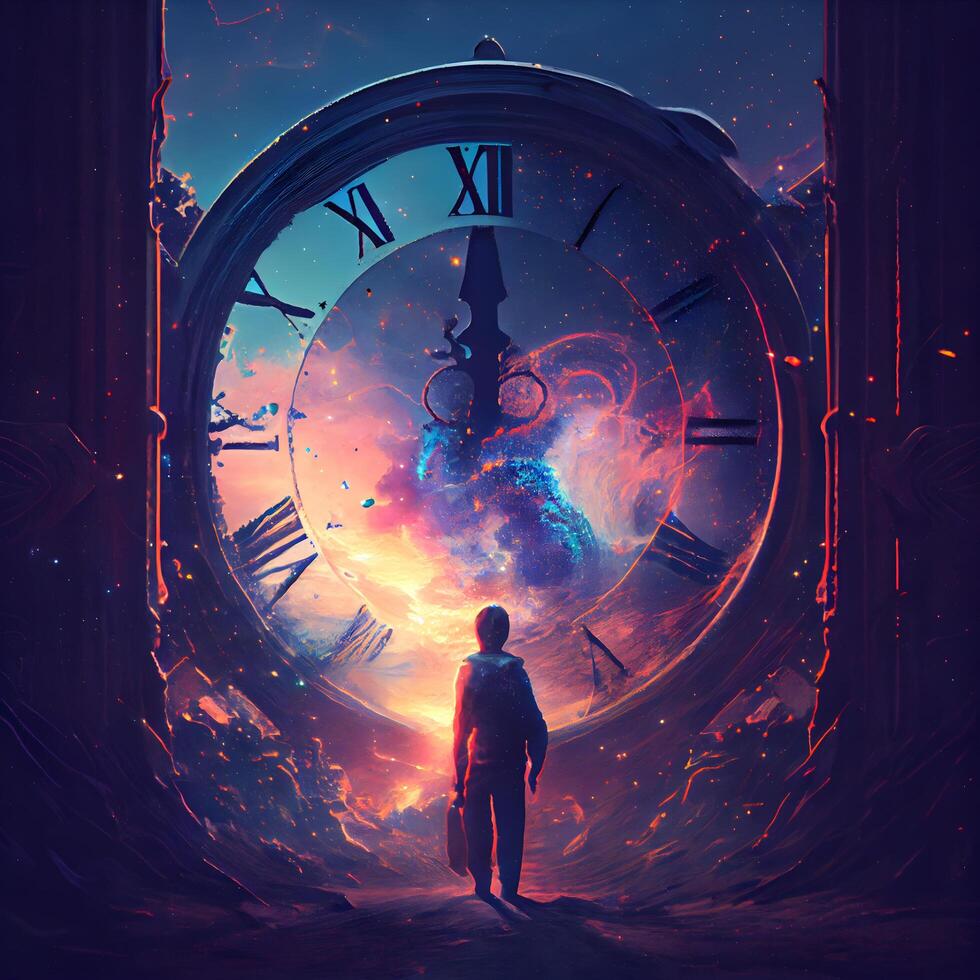 Man standing in front of the clock. Time is running out concept, Image photo