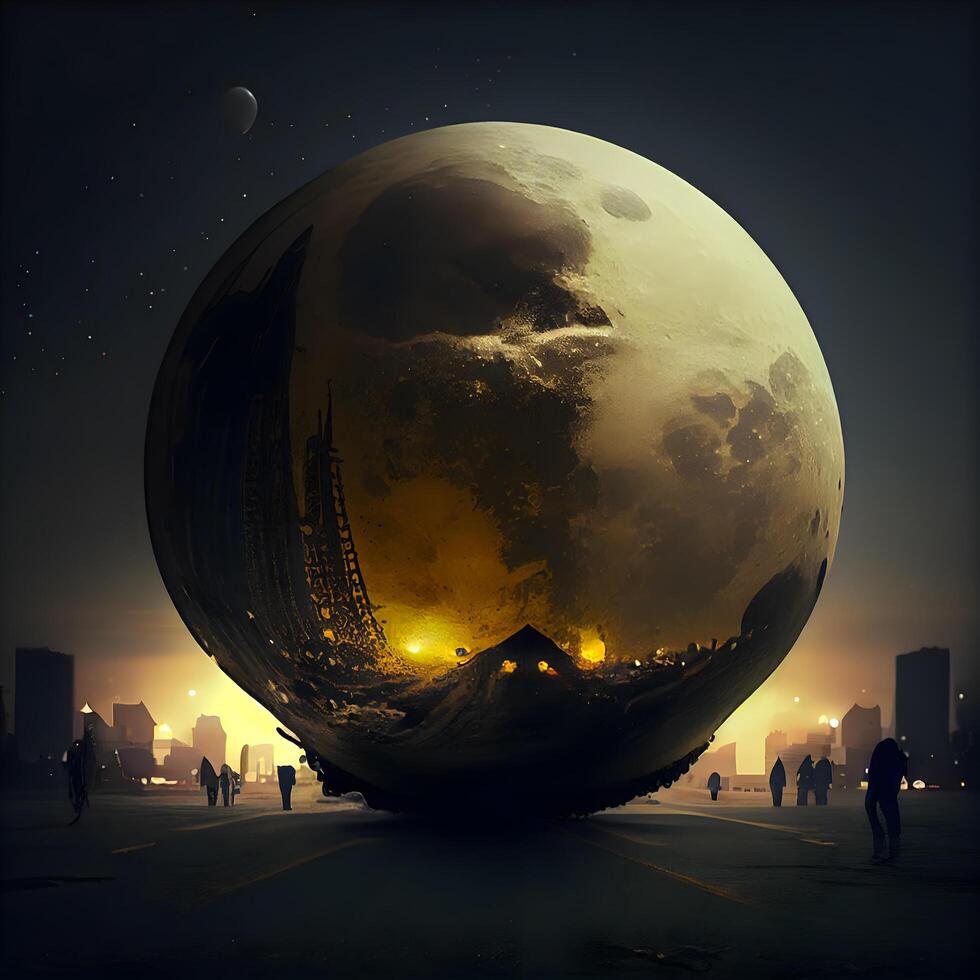 3D rendering of a big planet in front of the city at night, Image photo