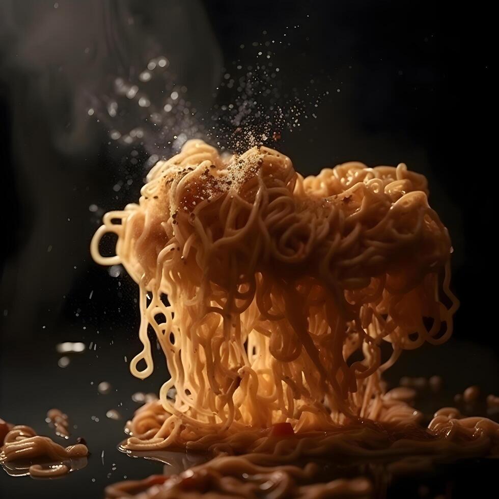 Dry instant noodle with splashes of water on black background, Image photo