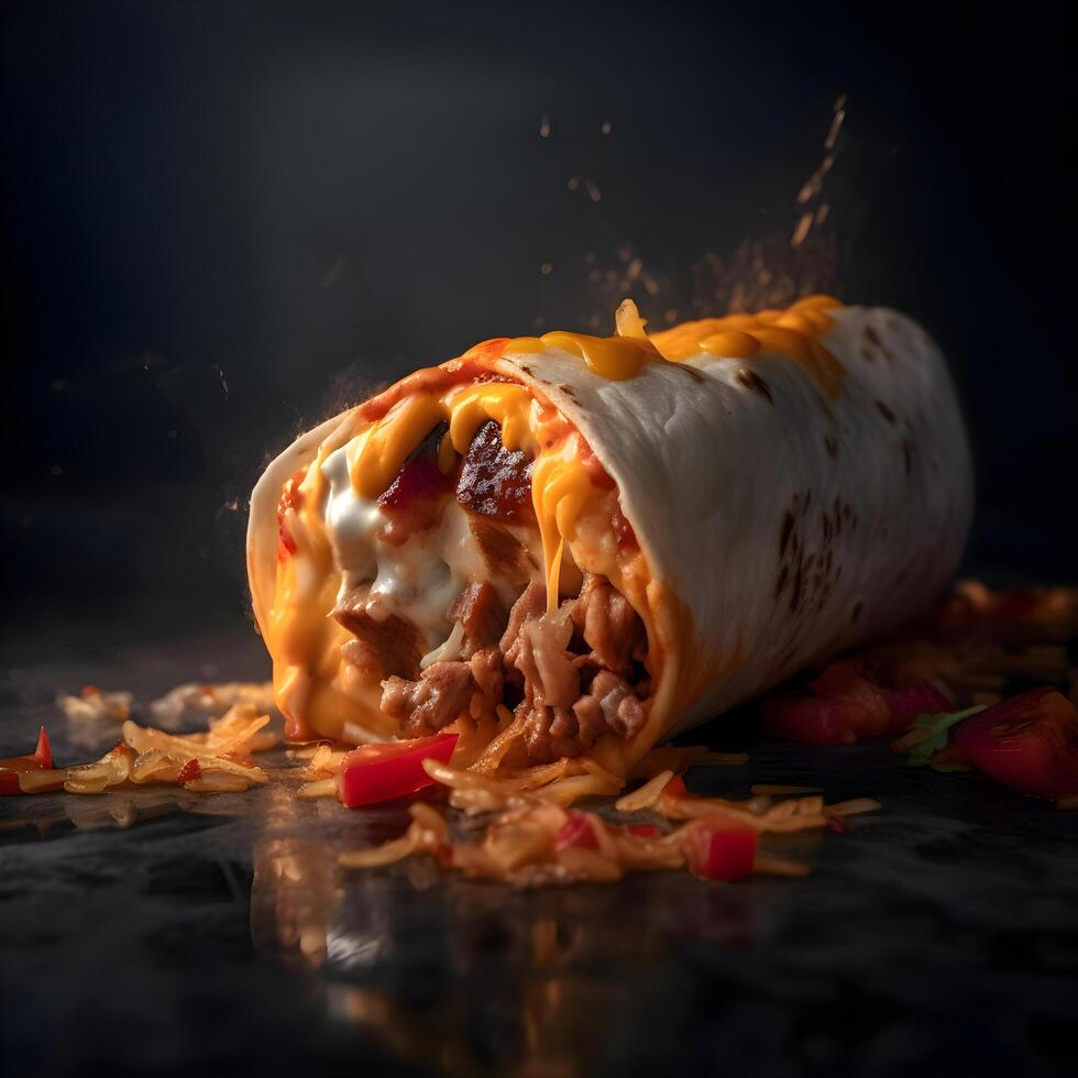 tradicional mexicano burrito con carne de vaca y vegetales en negro fondo, ai generativo imagen foto