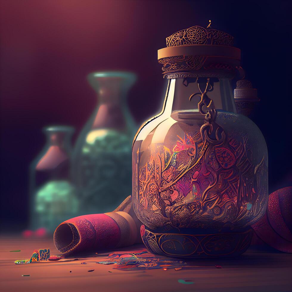 Magic potion in a bottle on a dark background. 3d rendering, Image photo