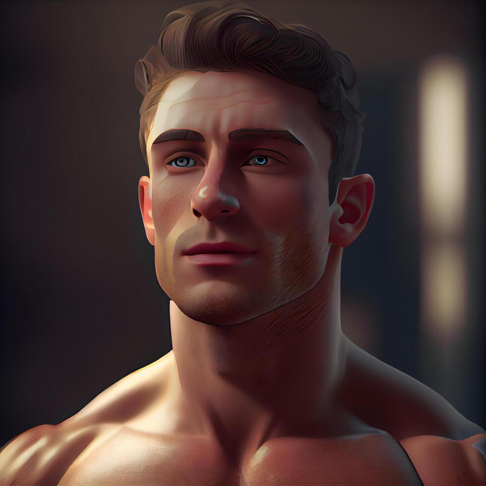 3D Illustration of a male face with skin and bodyart, Image photo