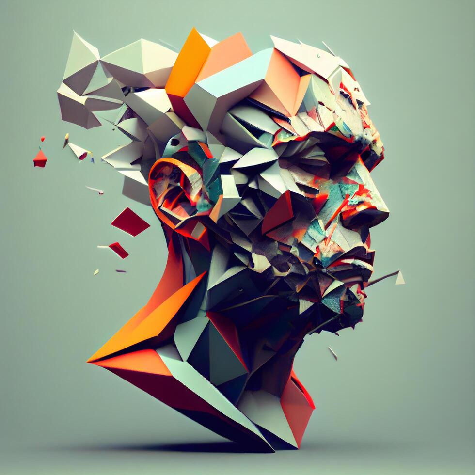 Abstract 3d rendering of human head made of colorful geometric shapes., Image photo