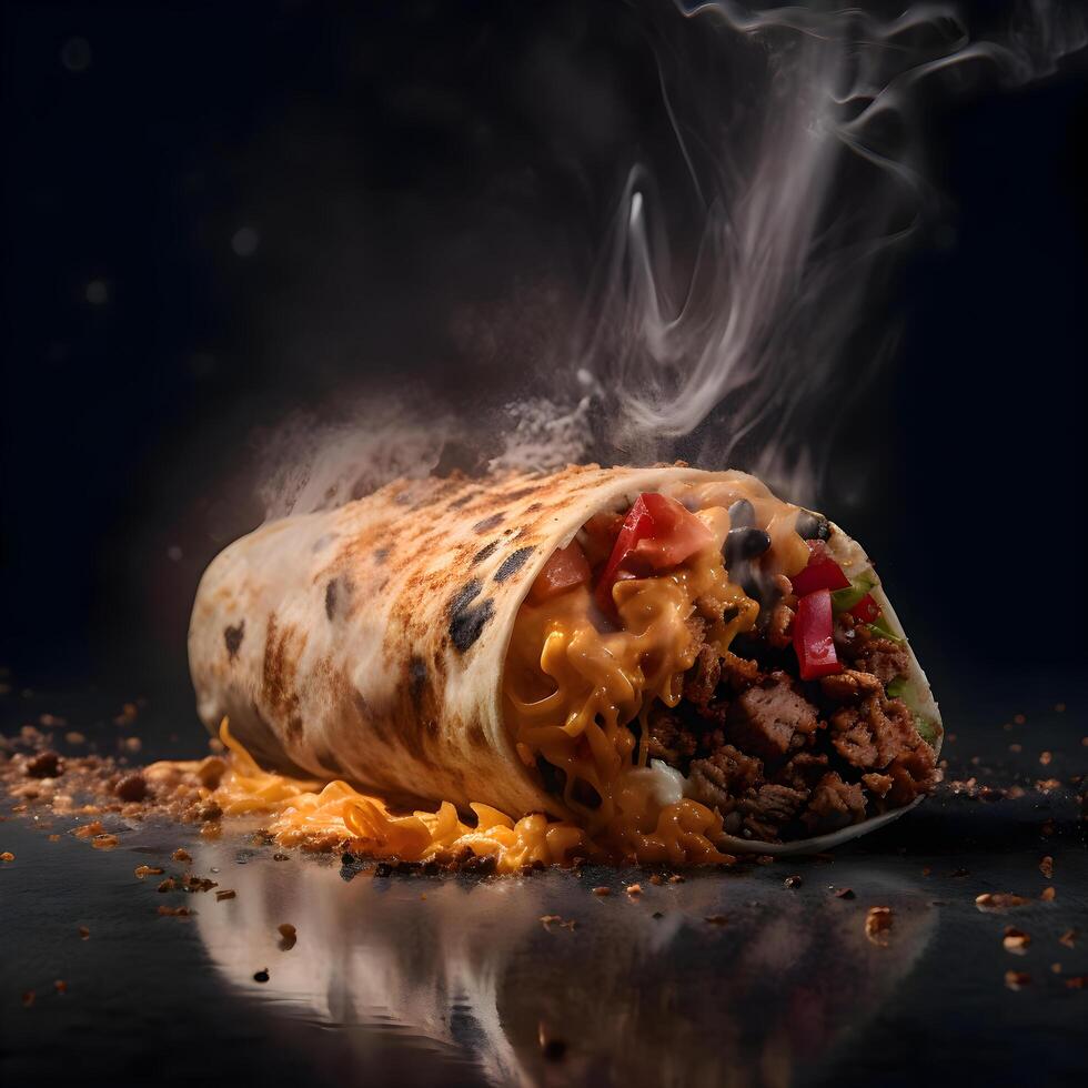 mexicano burrito con carne de res, queso y vegetales en negro fondo, ai generativo imagen foto