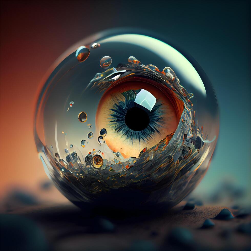 Eye in a crystal ball. 3D illustration. Selective focus., Image photo