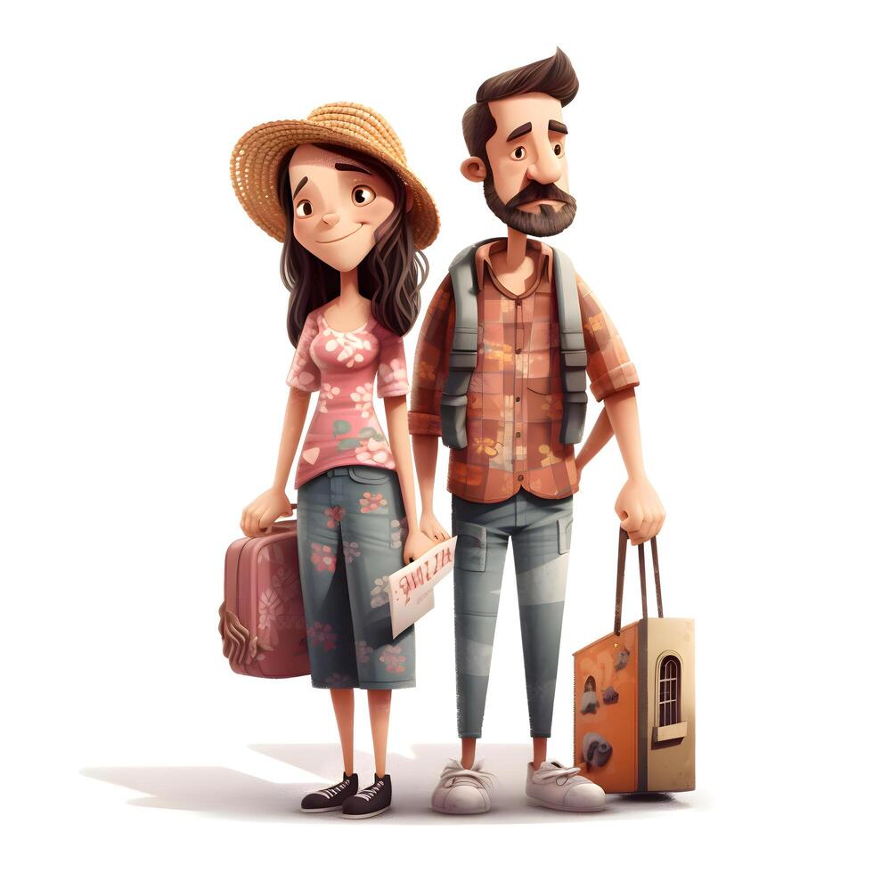 Arabic couple with suitcases isolated on white background. Cartoon people., Image photo