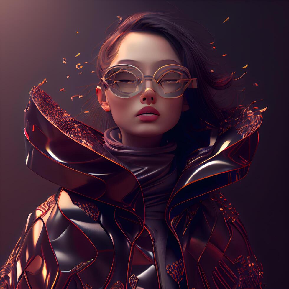 3d illustration of a beautiful girl in a futuristic suit and glasses, Image photo