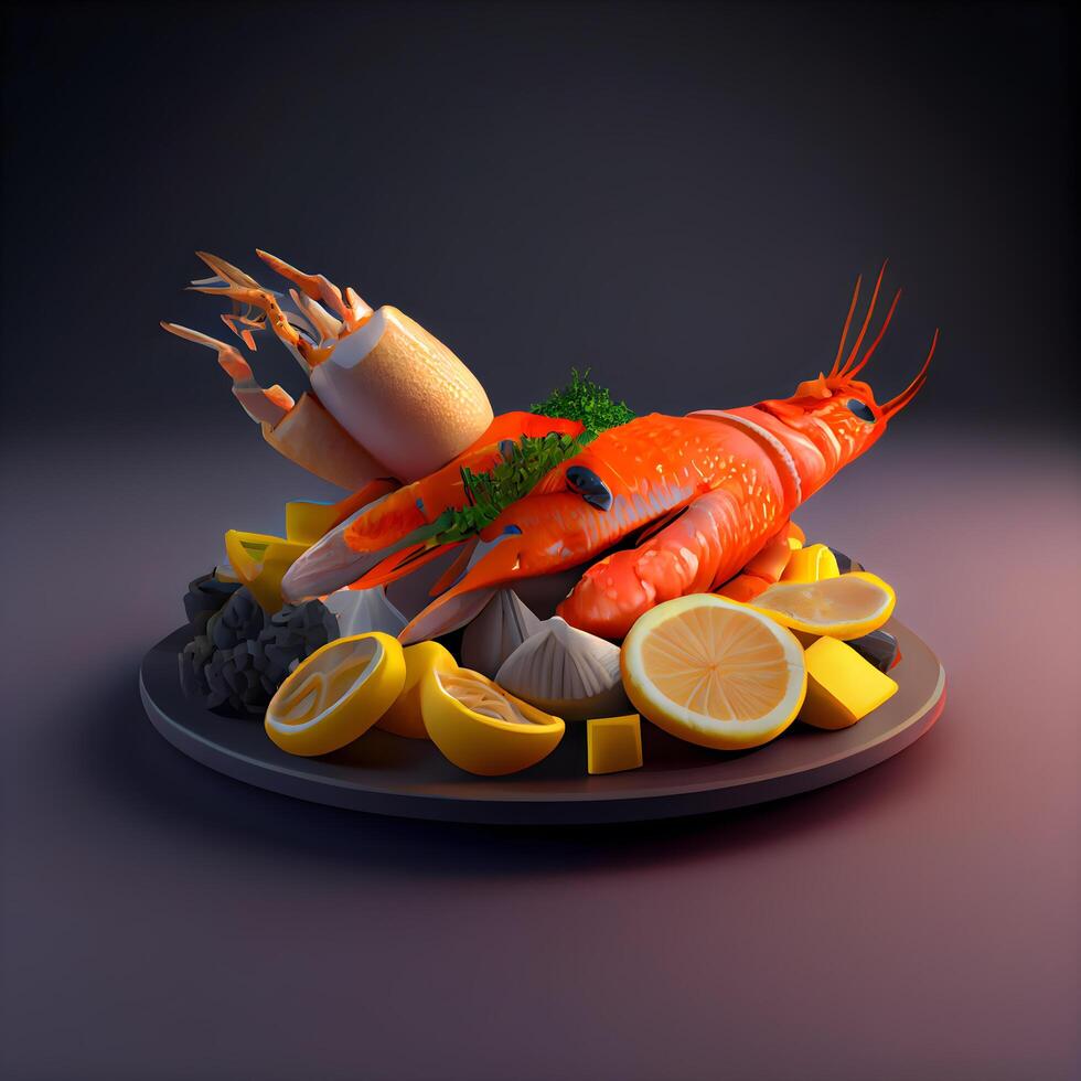 Sea food in a bowl on a dark background. 3d rendering, Image photo
