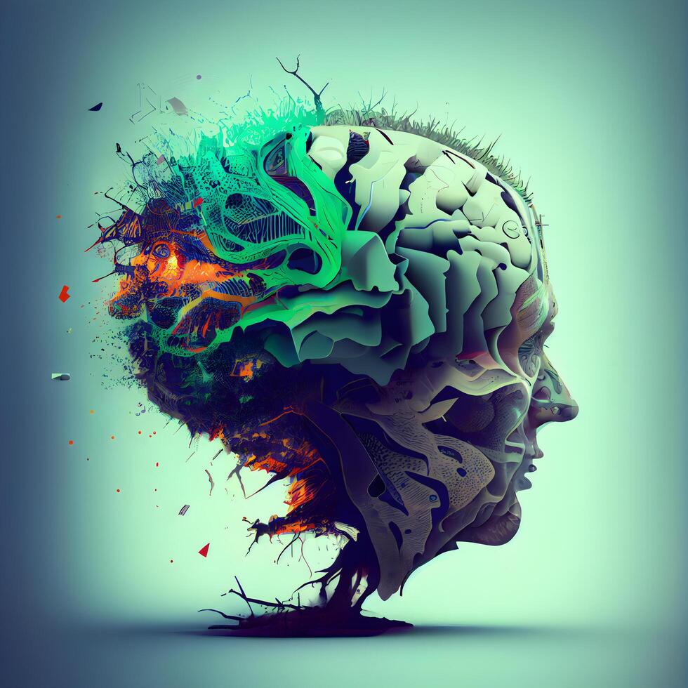 humano cerebro hecho de vistoso salpicaduras 3d hacer ilustración., ai generativo imagen foto