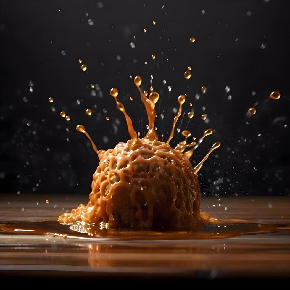 pedazo de manzana con que cae gotas de miel en un de madera mesa, ai generativo imagen foto