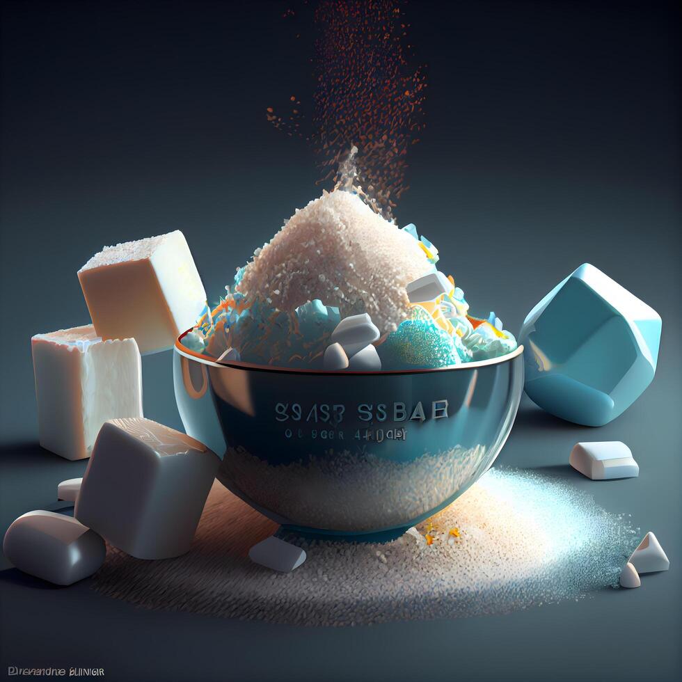 3d illustration of a bowl full of sugar cubes, cubes and sand, Image photo