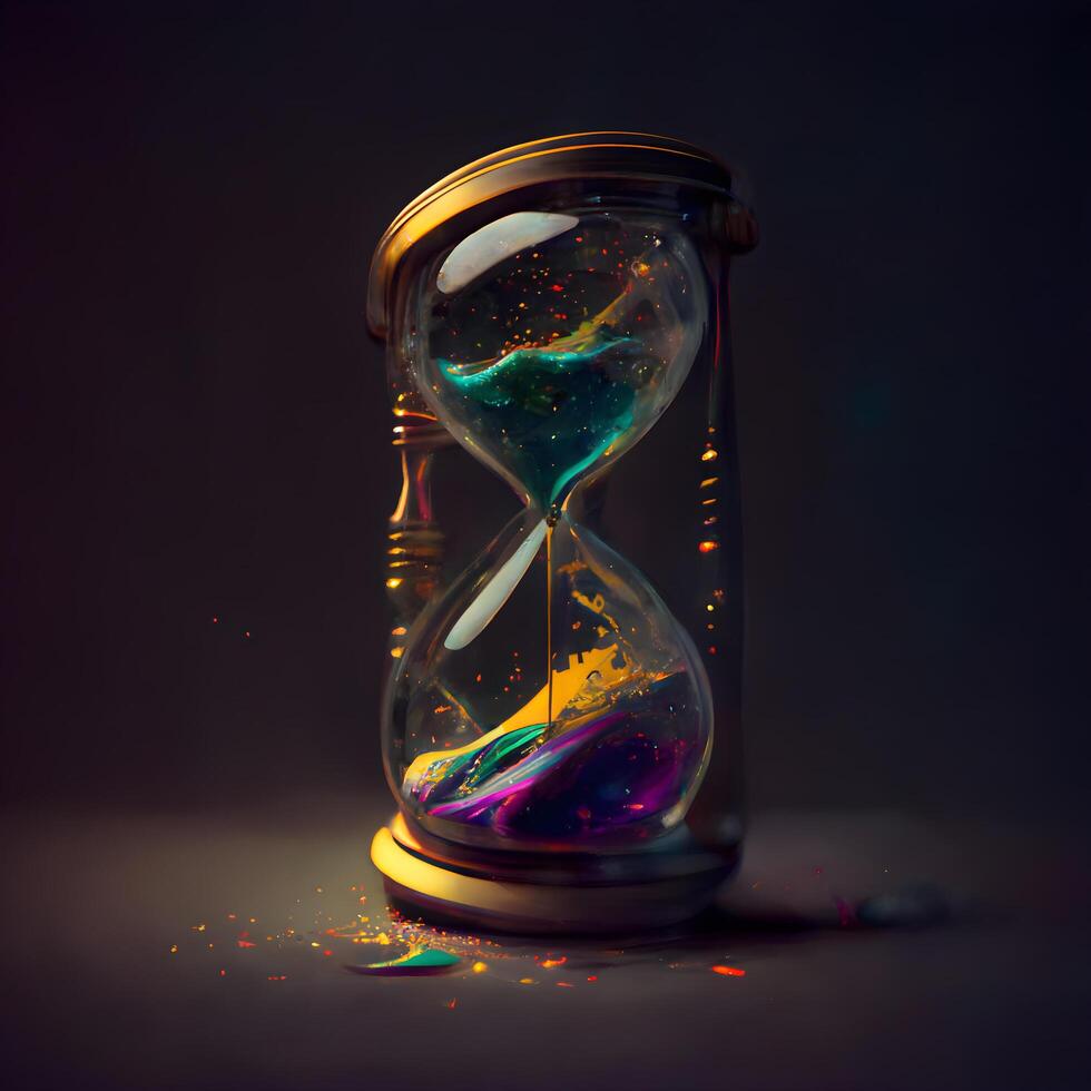 Hourglass with colorful sand on black background. Concept of time passing, Image photo