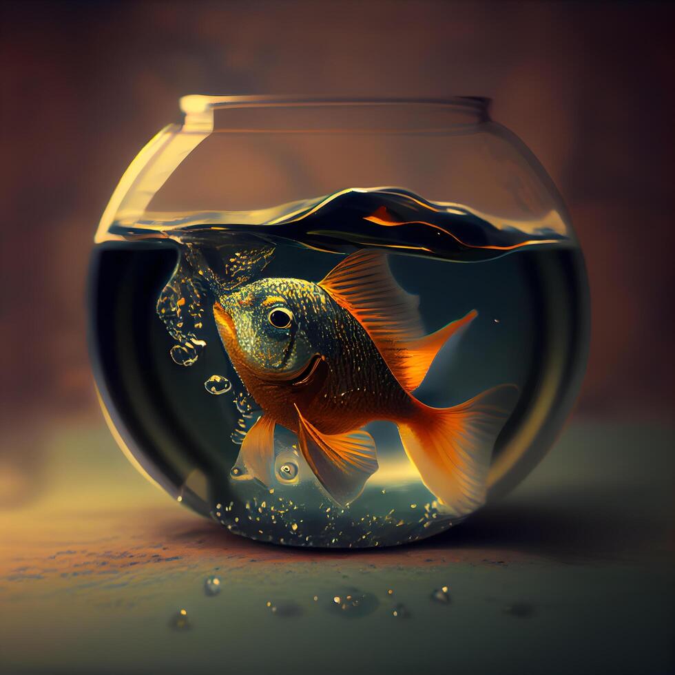 Goldfish in a bowl of water. 3d illustration. Vintage style., Image photo