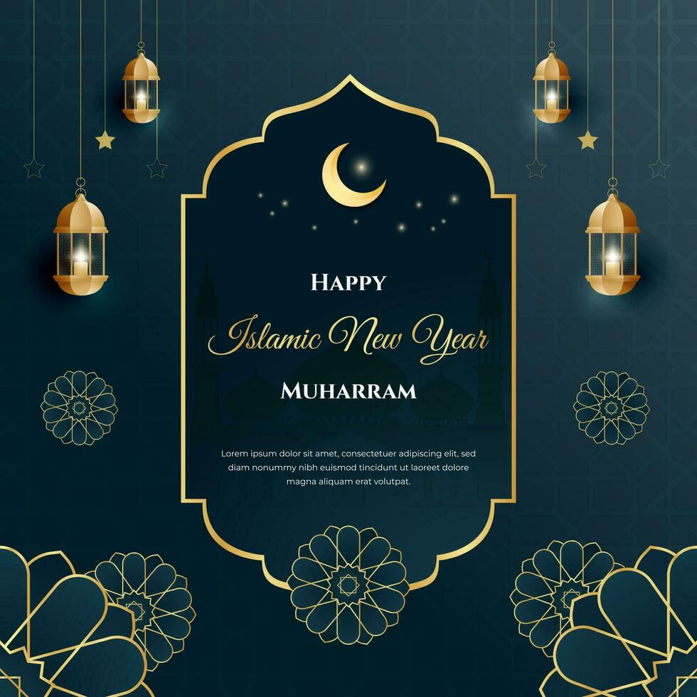 Happy Islamic New Year Muharram with lantern and Islamic ornament illustration vector