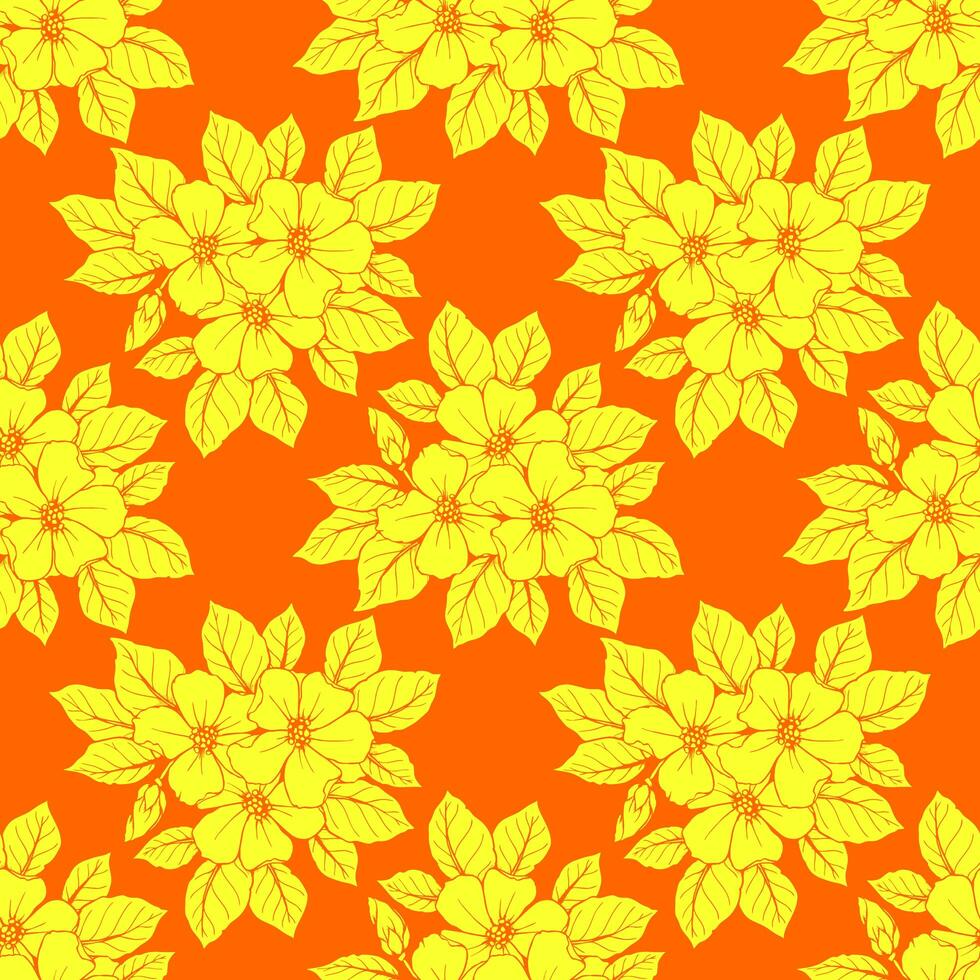 seamless contour pattern of large yellow flowers on an orange background, texture, design photo