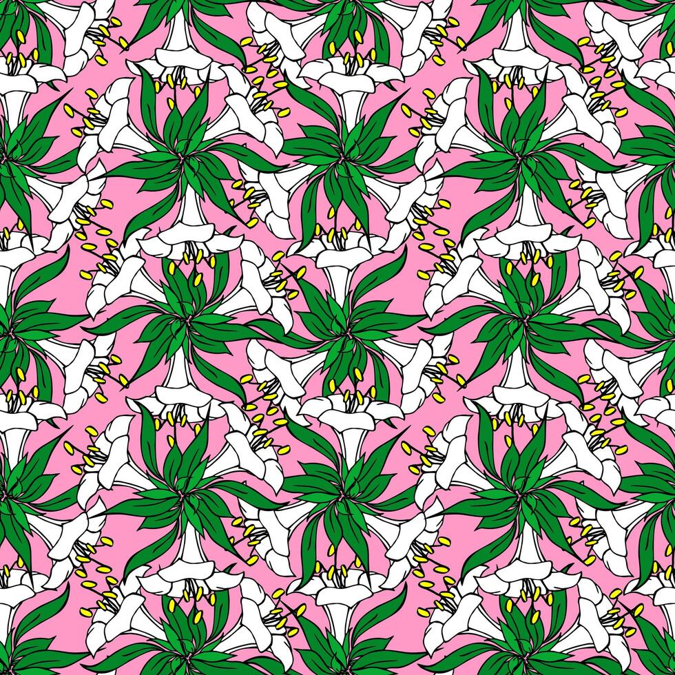 seamless pattern of white large exotic flowers with a black outline on a pink background, texture, design photo