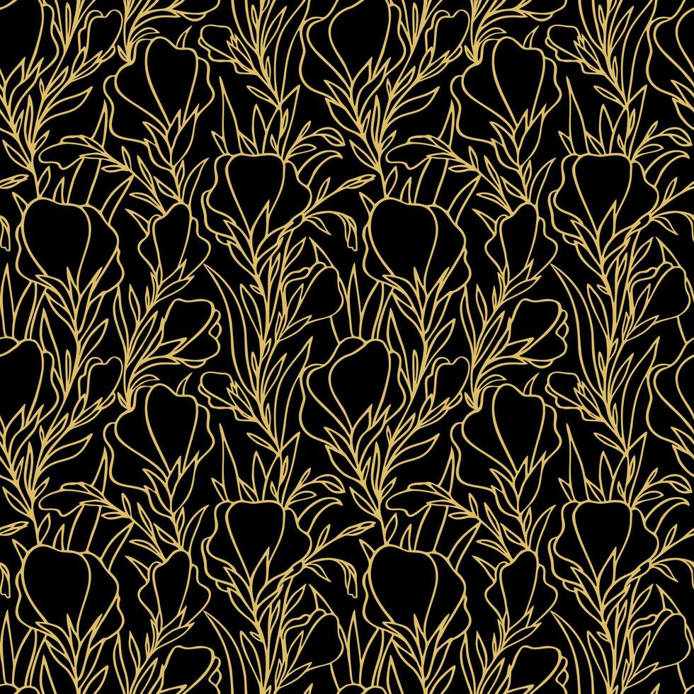 simple two-tone seamless pattern of golden large contours of flowers on a black background, texture, design photo