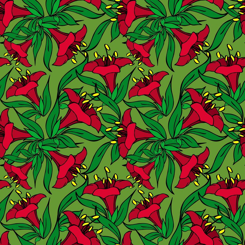 patrón gráfico asimétrico sin fisuras de flores rojas sobre un fondo verde, texter, diseño foto