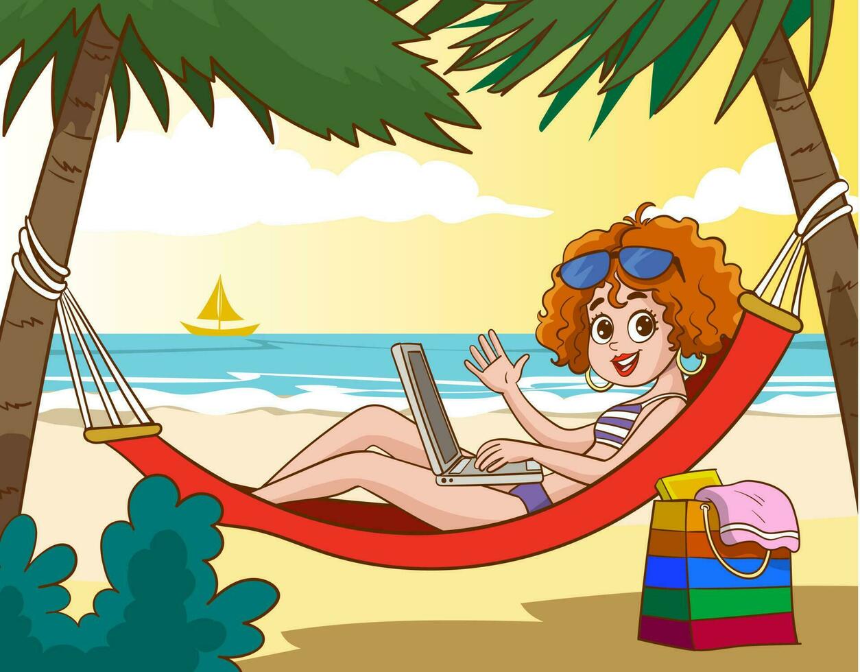mujer en vacaciones trabajando con ordenador portátil en hamaca dibujos animados vector