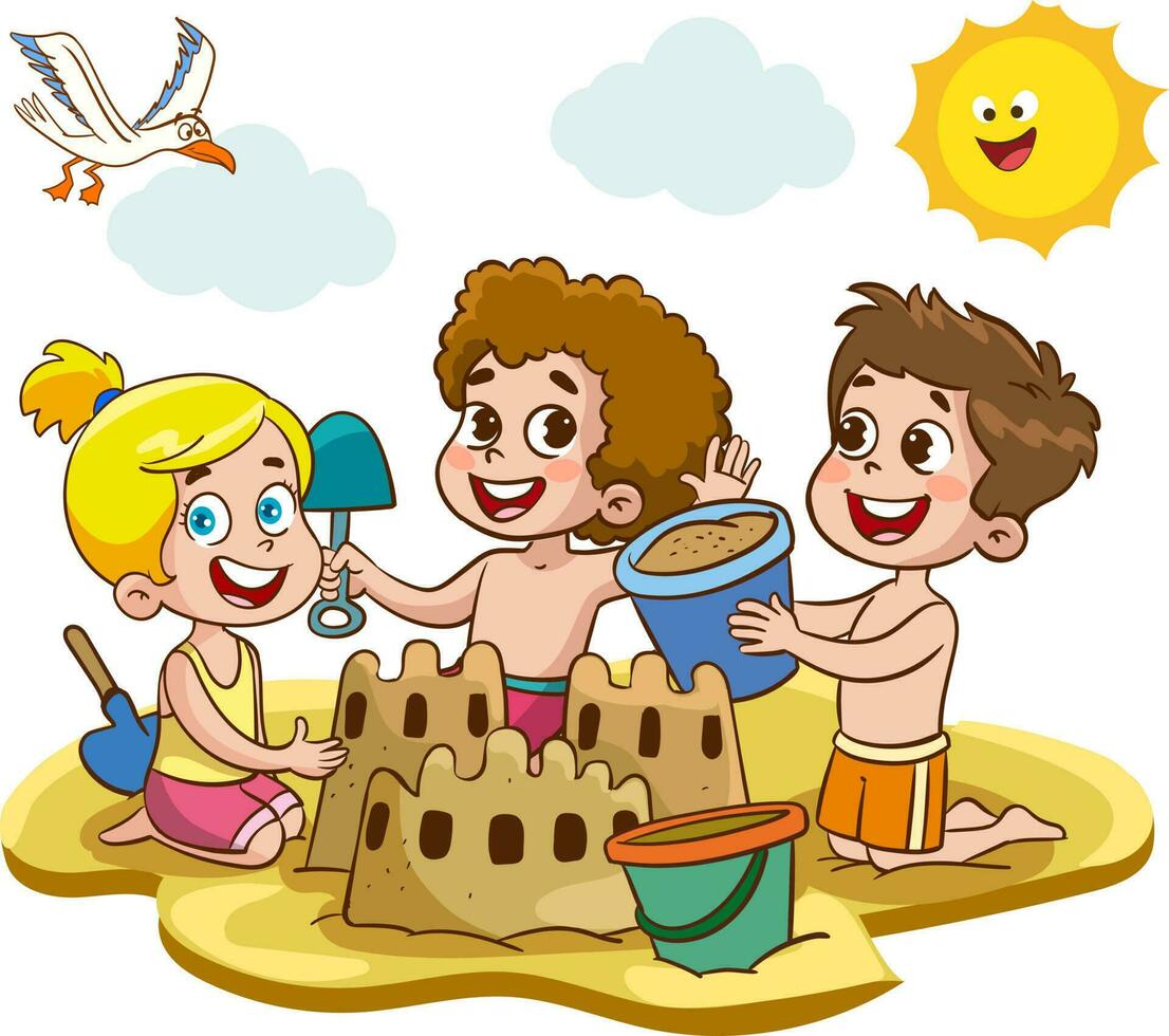 arena castillo. chico niña construir hogar en playa. dibujos animados niños jugando en vacaciones, plano linda niños vector caracteres