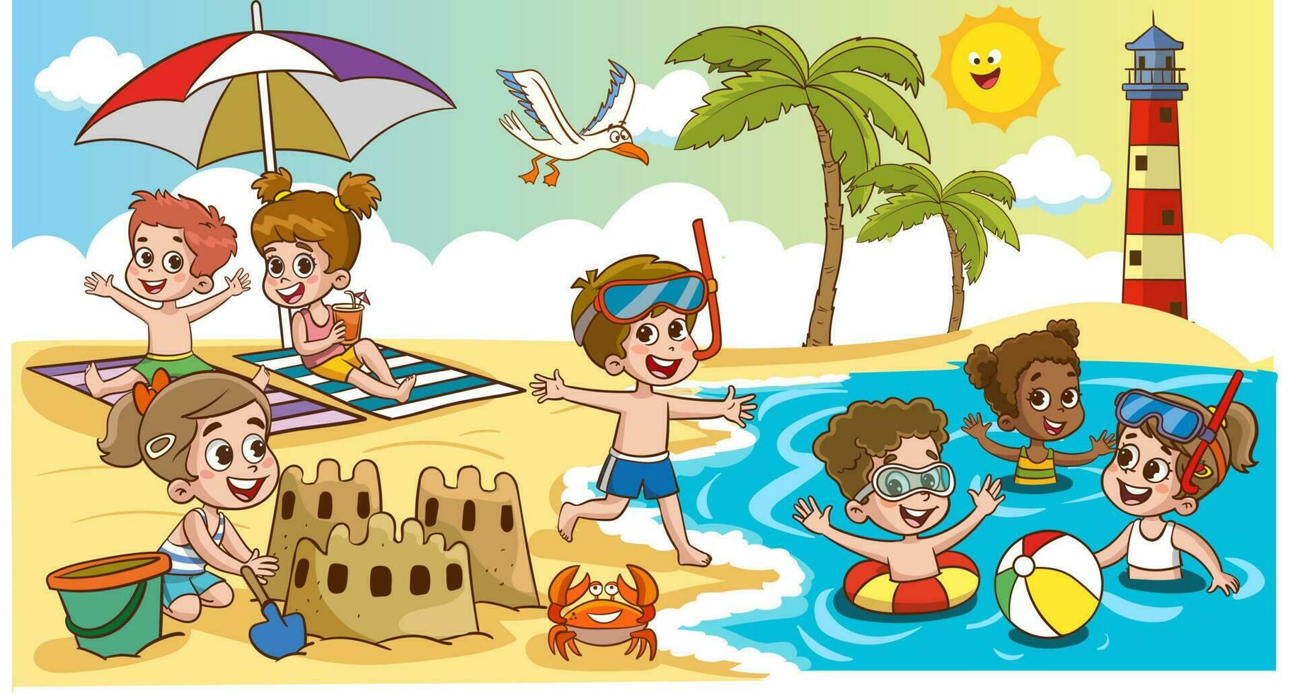 niños niños tomar el sol nadar en el mar a verano para niños acampar en mar playa costa. pequeño chico son jugando con pelota. el niños en el playa son edificio un arena castillo. vector