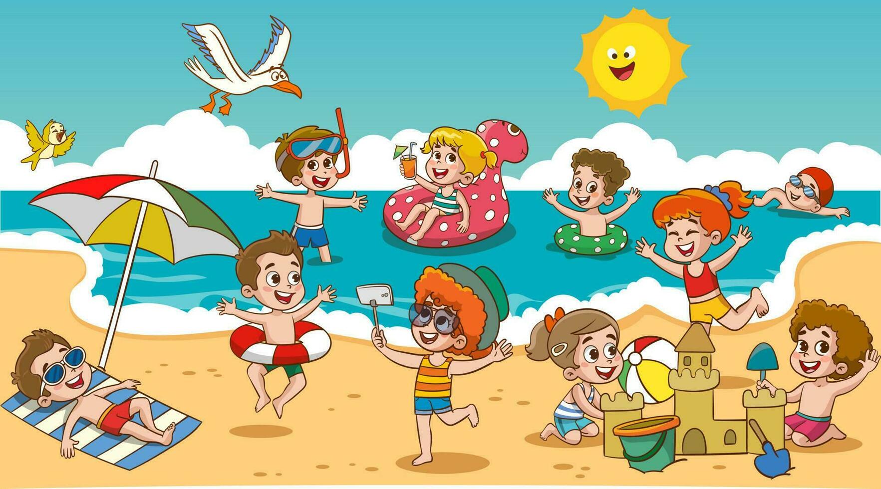 niños niños tomar el sol nadar en el mar a verano para niños acampar en mar playa costa. pequeño chico son jugando con pelota. el niños en el playa son edificio un arena castillo. vector