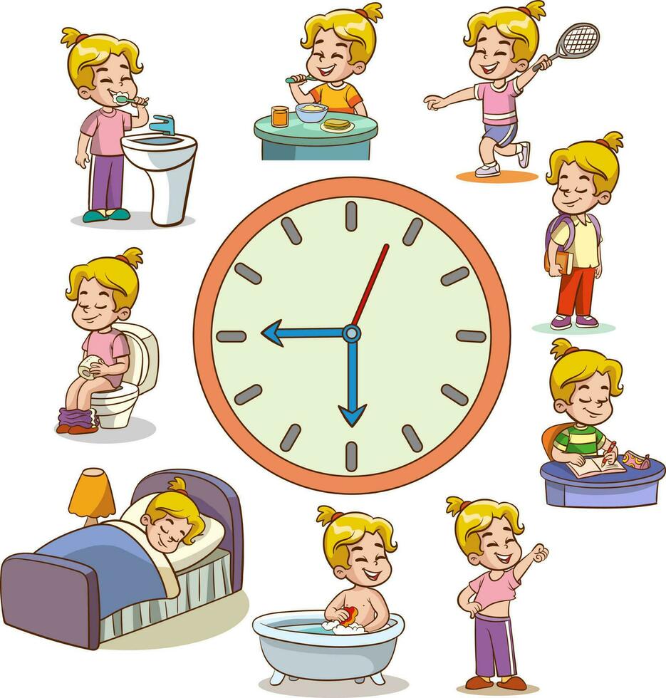 Daily routine with simple clocks.Vector set with kid. Funny cartoon character. Vector illustration. isolated on white background
