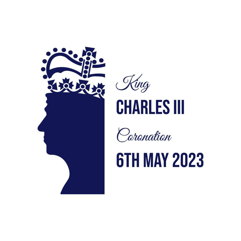 London - May 6, 2023 - Vector illustration depicting the coronation of King Charles III, with the silhouettes of King Charles III in the crown and the inscription with the date of the coronation.