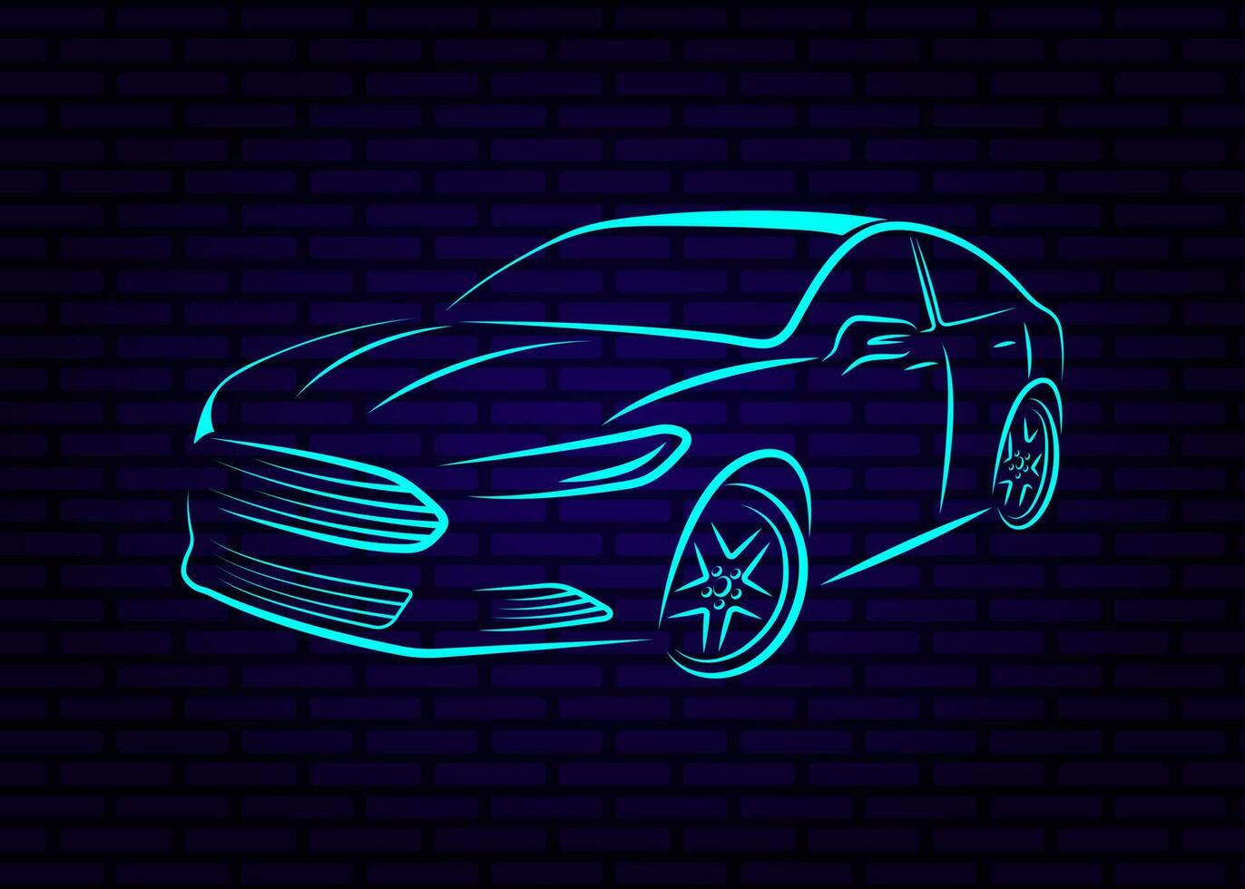 vector ilustración de un neón coche en un azul ladrillo pared